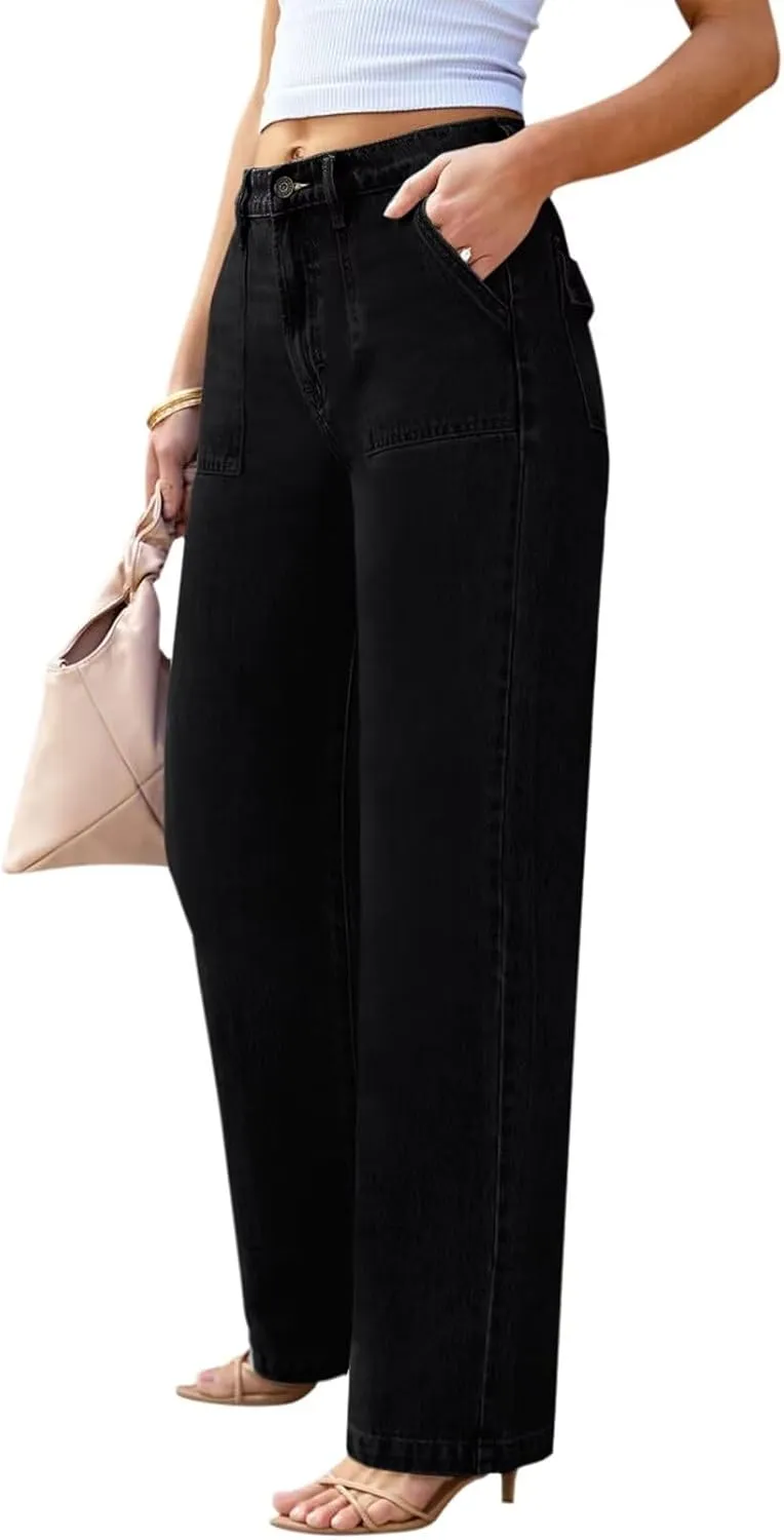 Womens Wide Leg Jeans High Waisted Carpenter Cargo Jeans Casual 90s Y2K Flap Pocket Straight Leg Jeans for Women