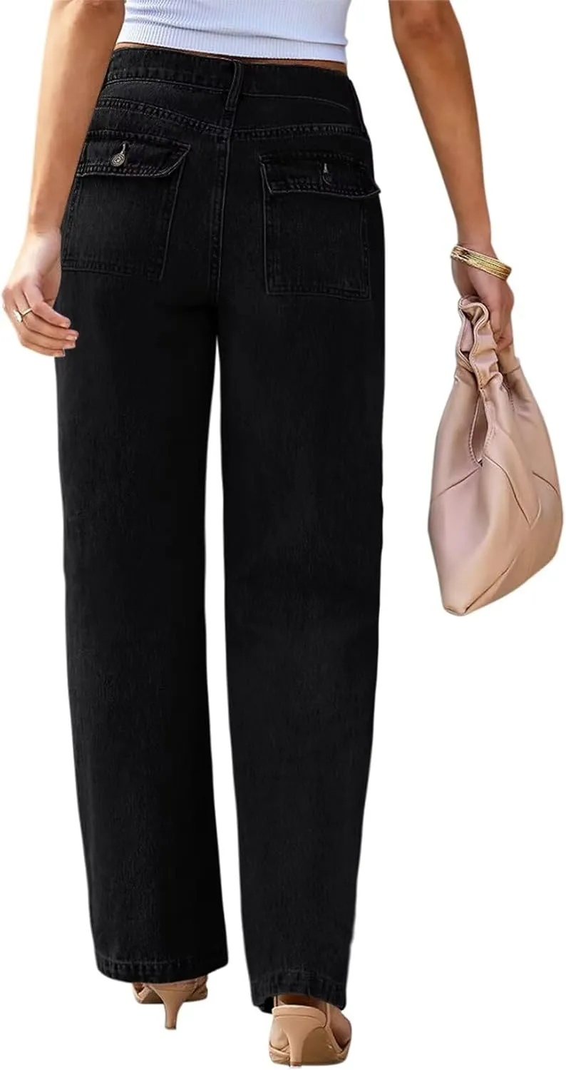 Womens Wide Leg Jeans High Waisted Carpenter Cargo Jeans Casual 90s Y2K Flap Pocket Straight Leg Jeans for Women