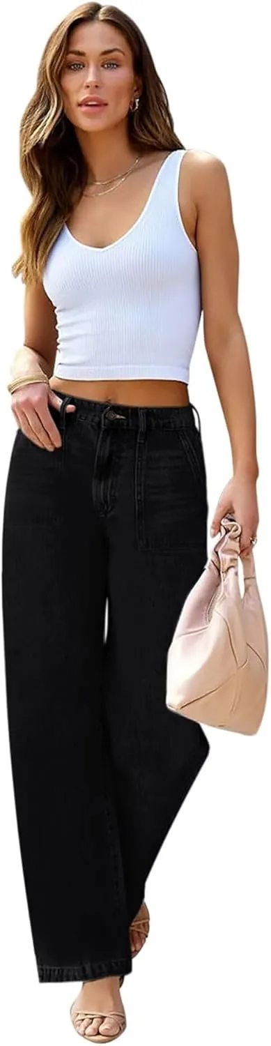 Womens Wide Leg Jeans High Waisted Carpenter Cargo Jeans Casual 90s Y2K Flap Pocket Straight Leg Jeans for Women