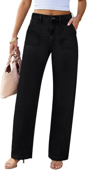 Womens Wide Leg Jeans High Waisted Carpenter Cargo Jeans Casual 90s Y2K Flap Pocket Straight Leg Jeans for Women