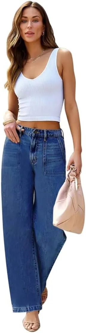 Womens Wide Leg Jeans High Waisted Carpenter Cargo Jeans Casual 90s Y2K Flap Pocket Straight Leg Jeans for Women