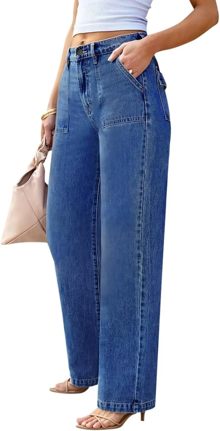 Womens Wide Leg Jeans High Waisted Carpenter Cargo Jeans Casual 90s Y2K Flap Pocket Straight Leg Jeans for Women