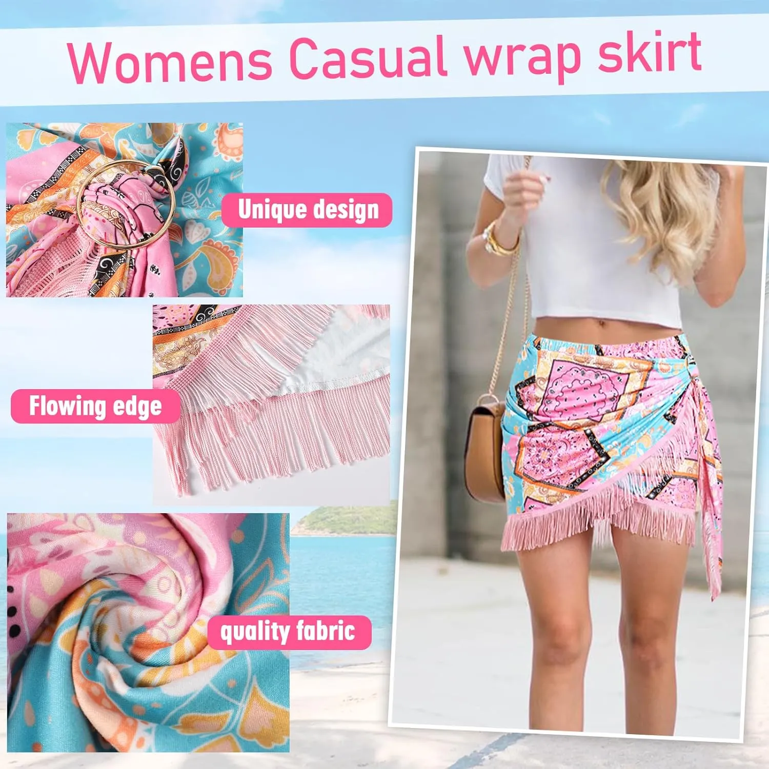 Wrap Skorts for Women, Casual Beach Mini Skirt with Silk 27" Square Scarf, Boho Beach Cover Ups for Swimwear