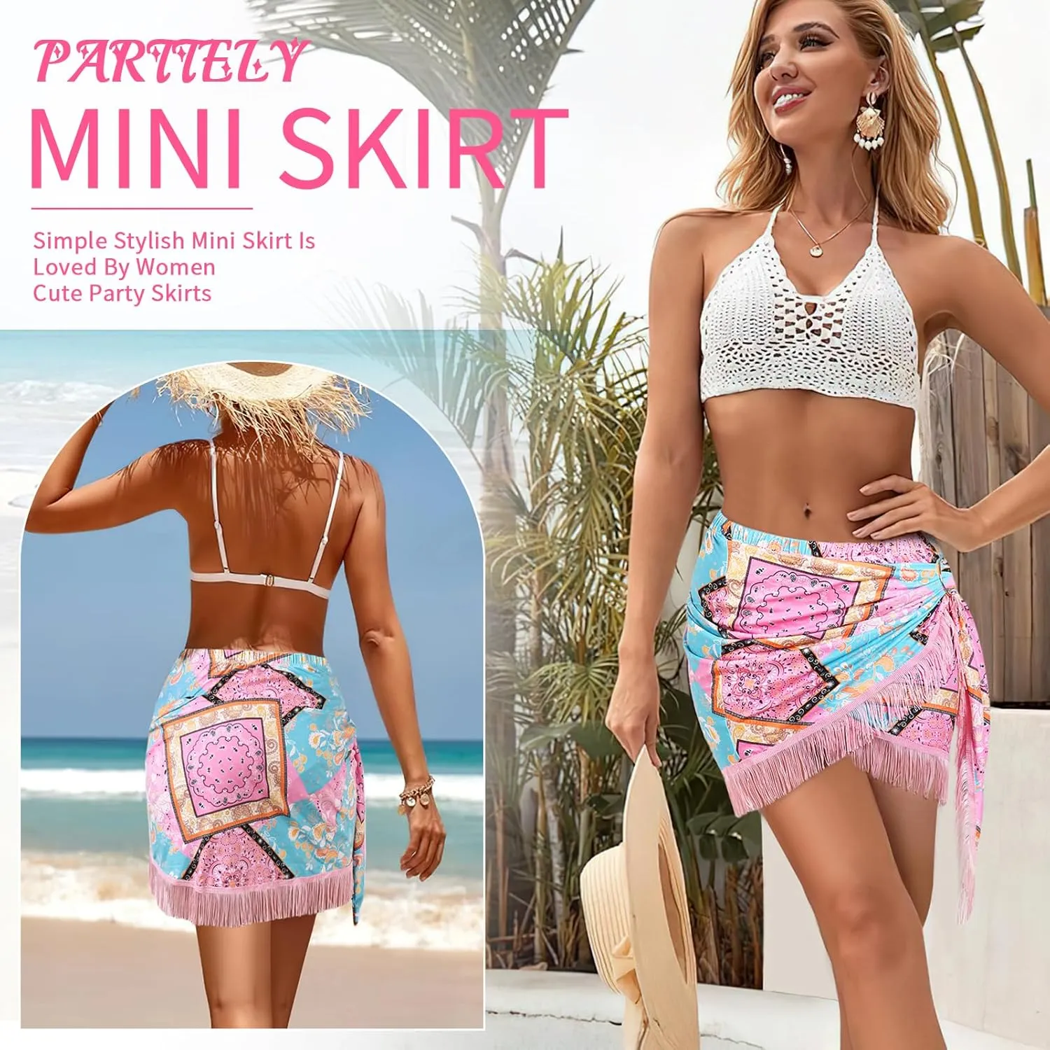 Wrap Skorts for Women, Casual Beach Mini Skirt with Silk 27" Square Scarf, Boho Beach Cover Ups for Swimwear