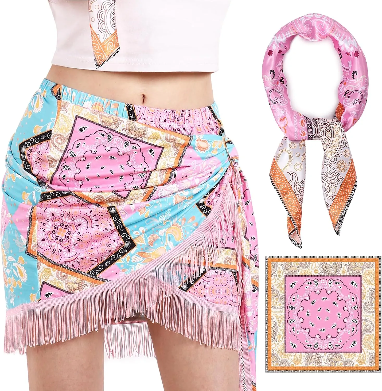 Wrap Skorts for Women, Casual Beach Mini Skirt with Silk 27" Square Scarf, Boho Beach Cover Ups for Swimwear