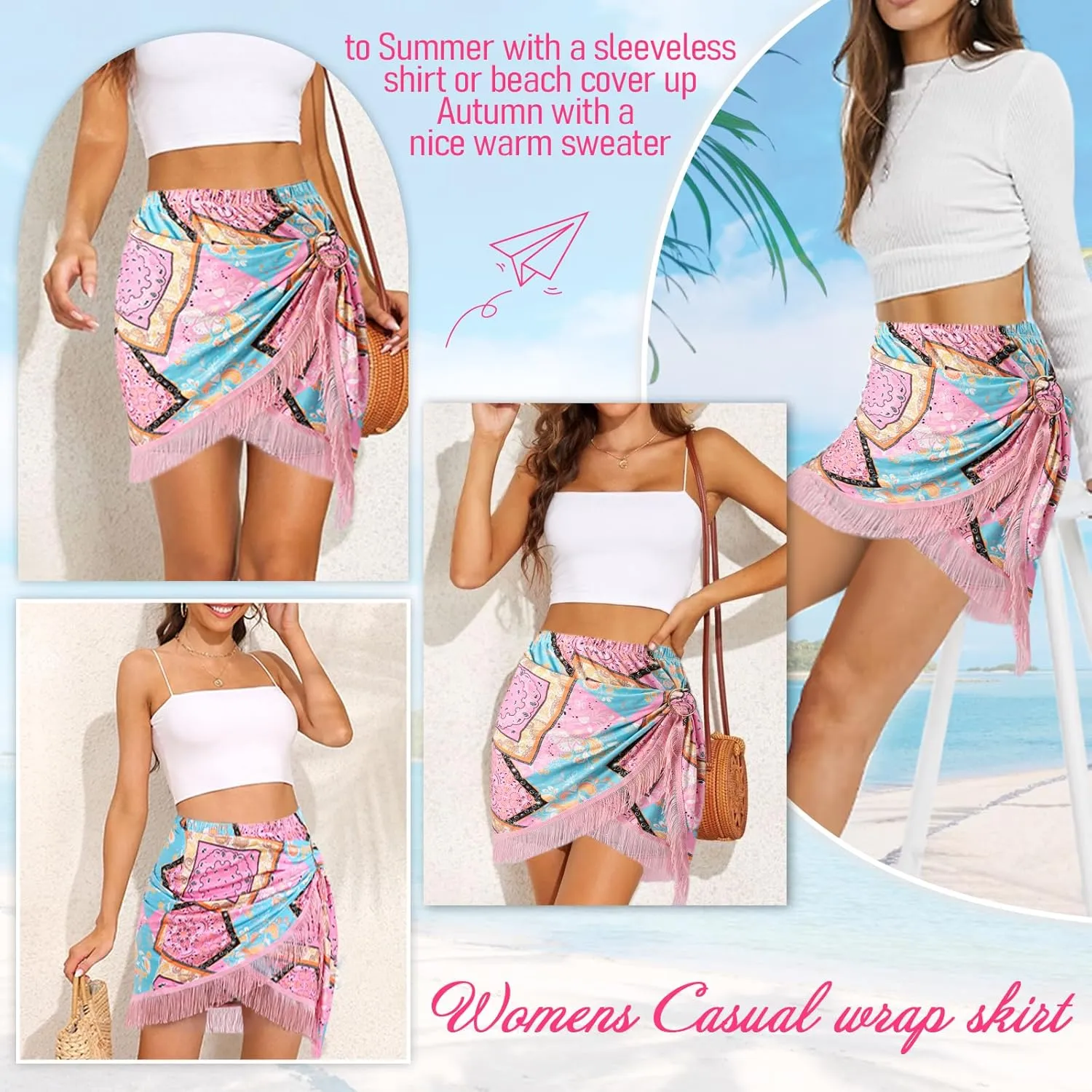 Wrap Skorts for Women, Casual Beach Mini Skirt with Silk 27" Square Scarf, Boho Beach Cover Ups for Swimwear
