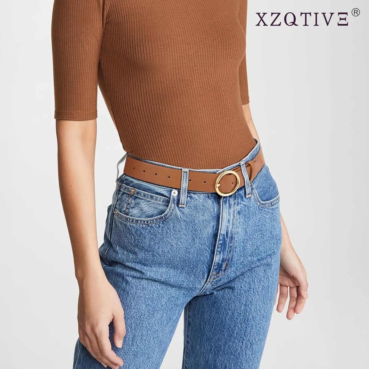 XZQTIVE Women Leather Belt with Circle Gold Buckle Fashion Ladies Waist Belt for Jeans Pants Dresses