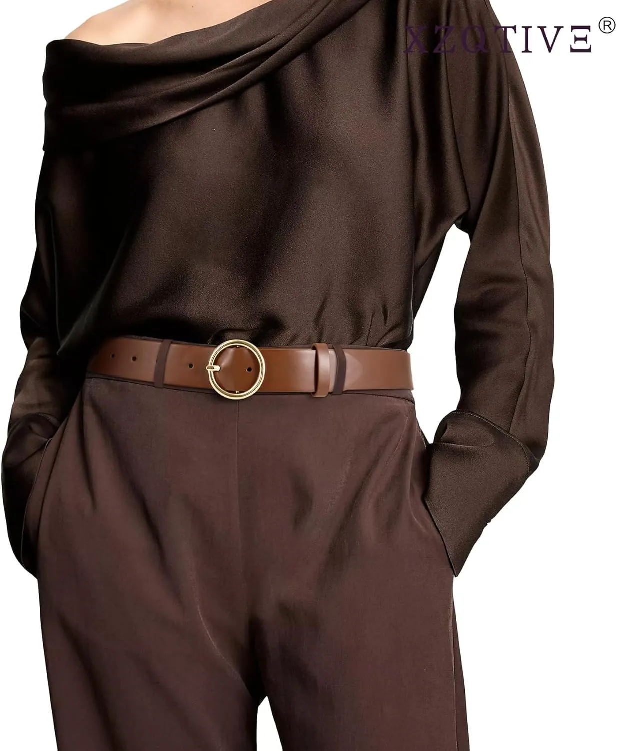 XZQTIVE Women Leather Belt with Circle Gold Buckle Fashion Ladies Waist Belt for Jeans Pants Dresses
