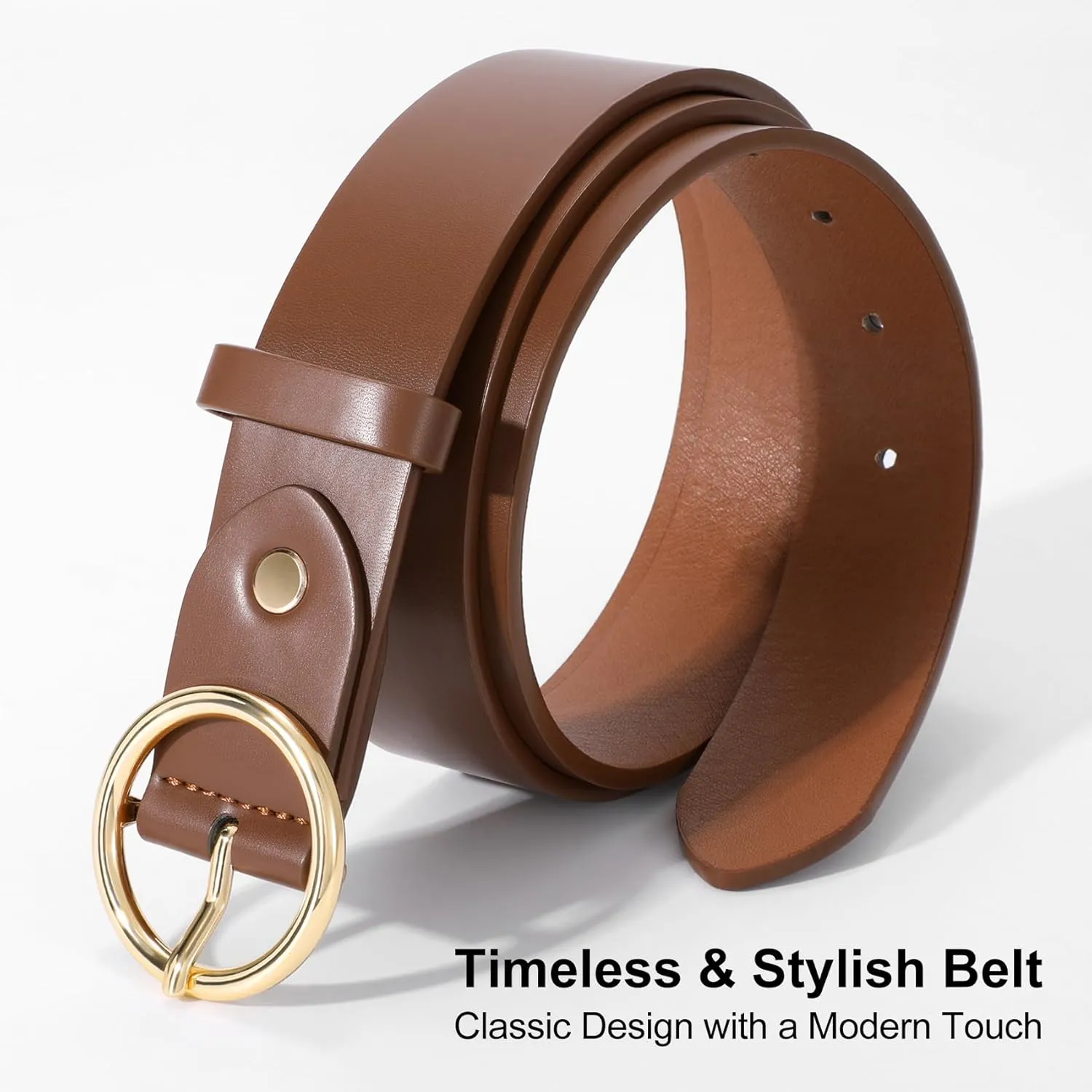 XZQTIVE Women Leather Belt with Circle Gold Buckle Fashion Ladies Waist Belt for Jeans Pants Dresses