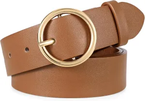XZQTIVE Women Leather Belt with Circle Gold Buckle Fashion Ladies Waist Belt for Jeans Pants Dresses