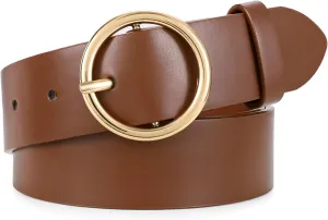 XZQTIVE Women Leather Belt with Circle Gold Buckle Fashion Ladies Waist Belt for Jeans Pants Dresses