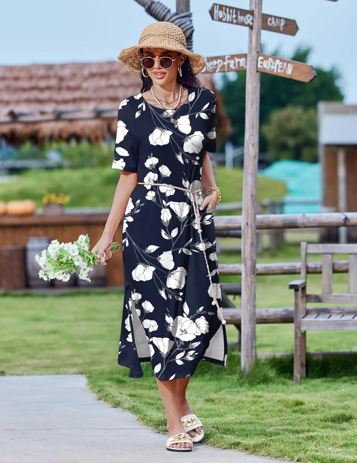 Zeagoo Women Floral Summer Dress Casual Beach Dress Printed T Shirt Dress Split Long Dress Travel 2025 Vacation Dress
