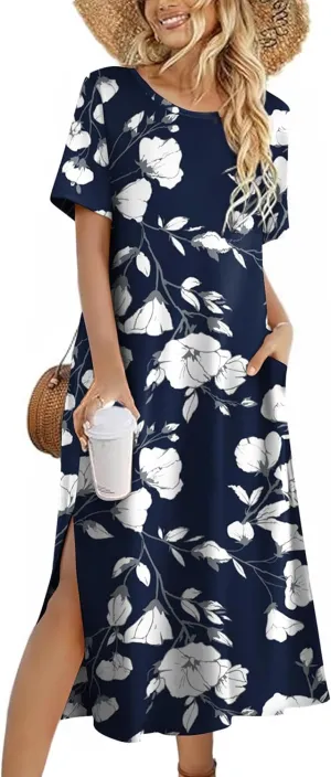 Zeagoo Women Floral Summer Dress Casual Beach Dress Printed T Shirt Dress Split Long Dress Travel 2025 Vacation Dress