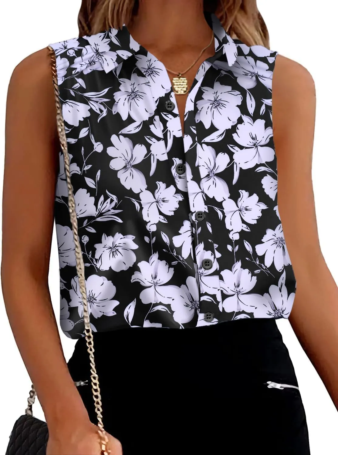 Zeagoo Women's Sleeveless Button Down Shirts Blouses Solid Casual Loose V Neck Tank Tops for Work S-XXL